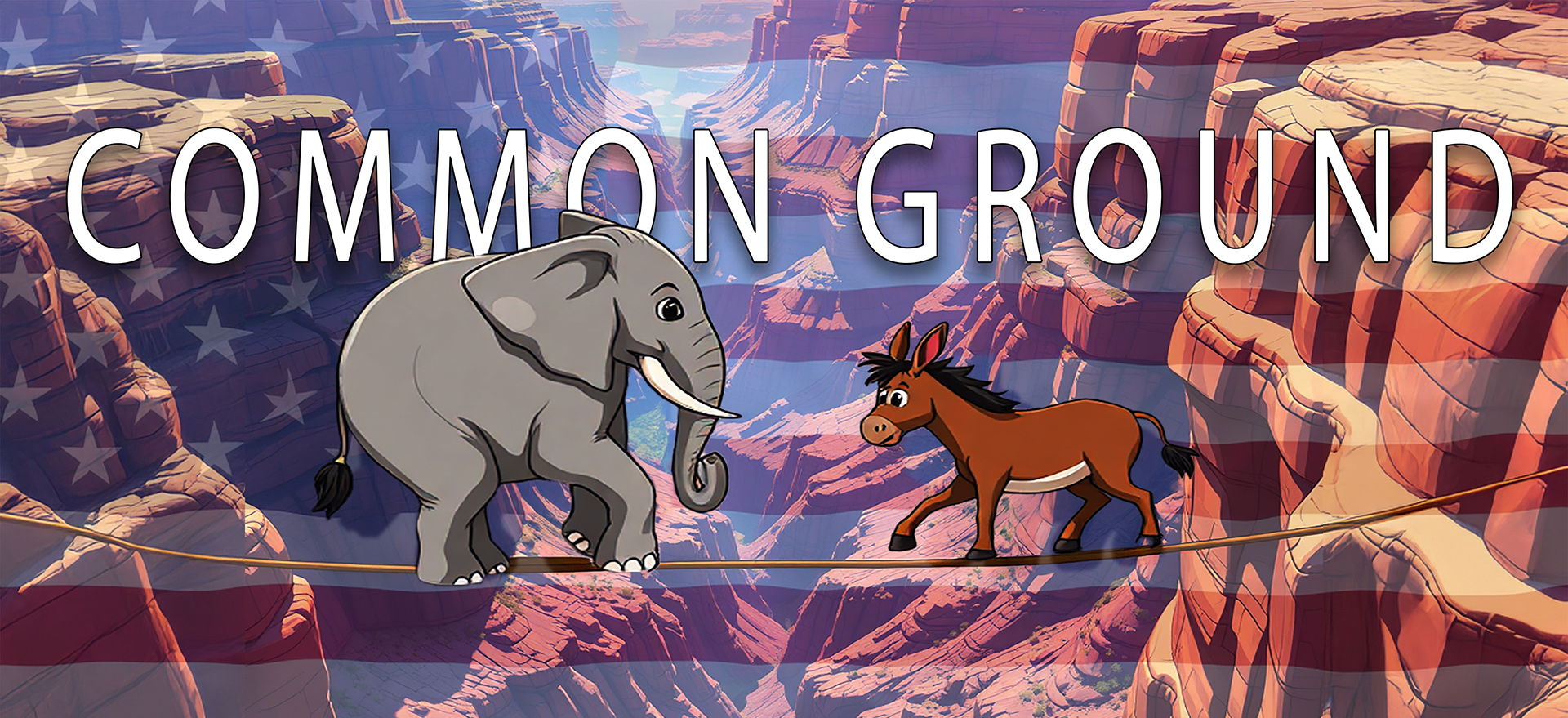 Common ground title page showing political affiliations walking a tight-rope over the Grand Canyon